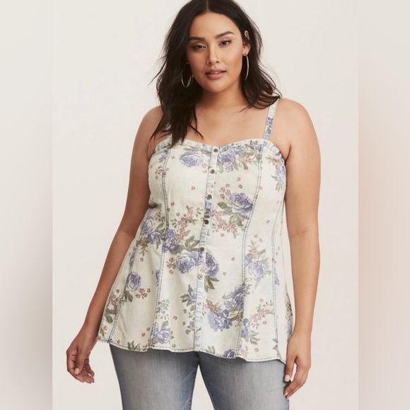 Multi-Color Floral Print Denim Seamed Cami Top - Picture 1 of 4